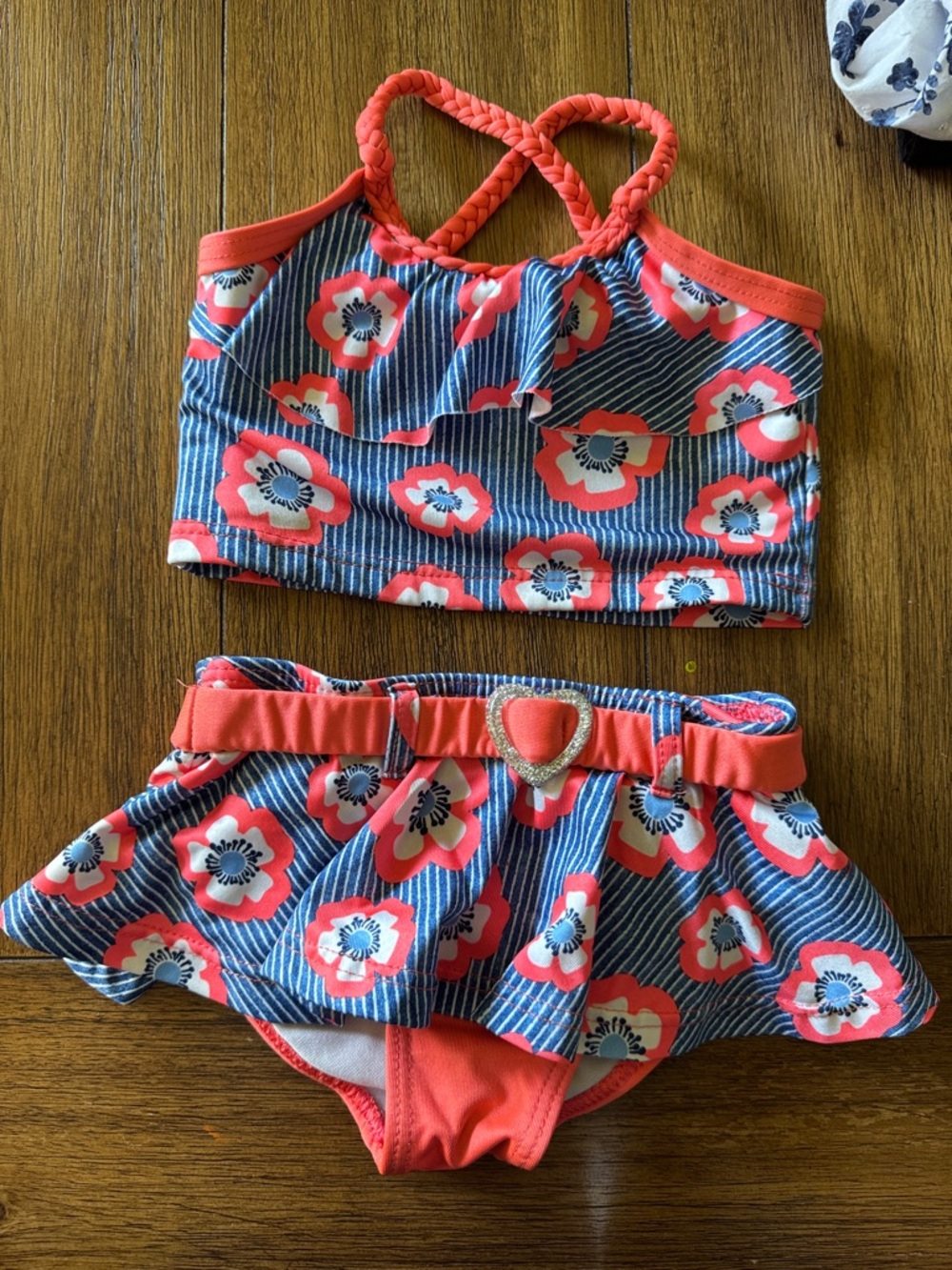 Coral Floral Two-Piece Swim Set with Striped Blue Base